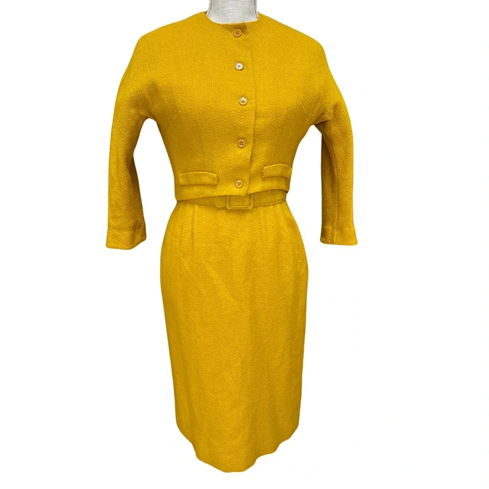 Vintage Chic Mustard Dress and Jacket Ensemble with Matching Belt - Picture 2 of 16